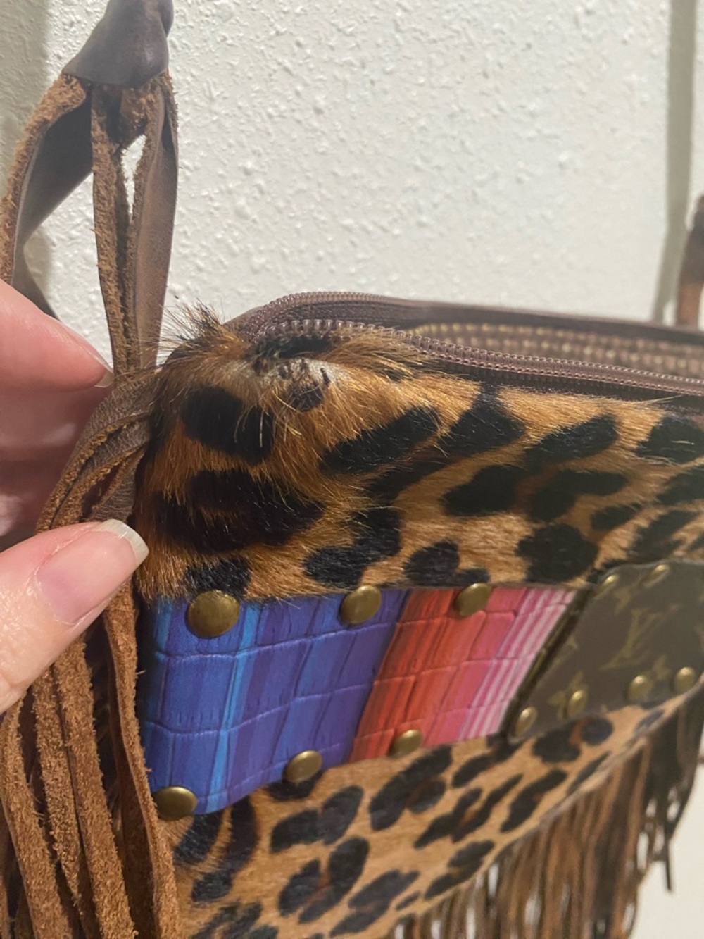 Upcycled LV leopard print on calf hair leather fringe bag - Picture 8 of 8